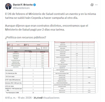 Daniel Briceño denunció que la infraestructura del Ministerio de Salud habría permanecido instalada durante dos días y que en ese lapso se habría usado en una actividad de Iván Cepeda - crédito @Danielbricen/X