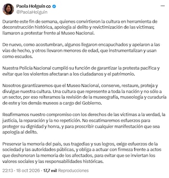 Paola Holguín denunció actos violentos durante una concentración frente al Museo Nacional - crédito @PaolaHolguin/X