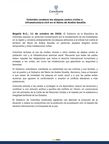 Cancillería pidió una salida diplomática tras ataques contra aeropuertos saudíes - crédito @CancilleriaCol/X
