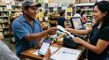 Un hombre recibe un comprobante de papel de una cajera mientras sostiene un teléfono inteligente con una confirmación de pago digital.