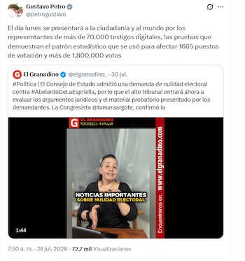 El presidente saliente sostuvo que las evidencias demuestran un patrón estadístico que se usó para afectar 1665 puestos de votación y más de 1.800.000 votos - crédito @petrogustavo/X