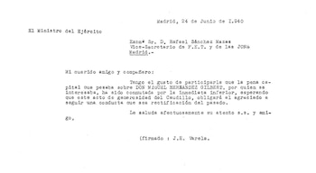 Carta de josé Enrique Varela donde se comunica la conmutación de la pena de muerte a Miguel Hernández