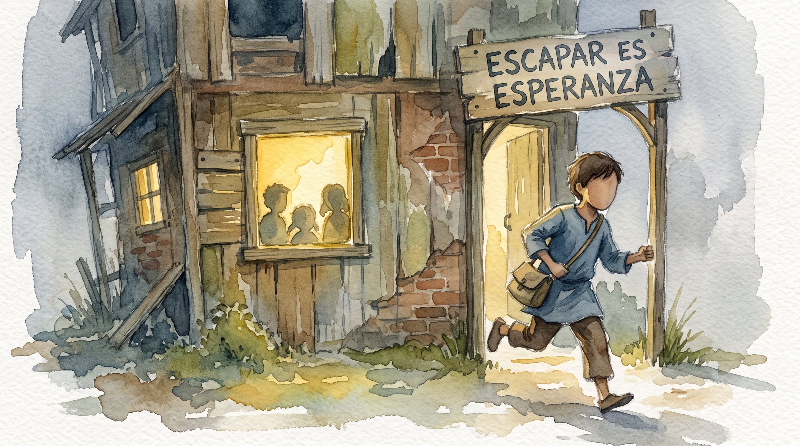 Un niño sale corriendo de un inmueble de madera e iluminación nocturna bajo un cartel con la inscripción «ESCAPAR ES ESPERANZA». (Imagen Ilustrativa Infobae)