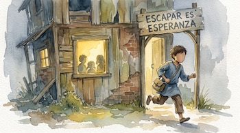 Un niño corre frente a una edificación iluminada con siluetas en la ventana y un cartel de madera que dice ESCAPAR ES ESPERANZA.