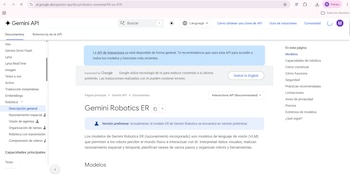 Captura de pantalla de la página web de la API Gemini Robotics ER de Google, con menús laterales, título, texto y barra de traducción de Google