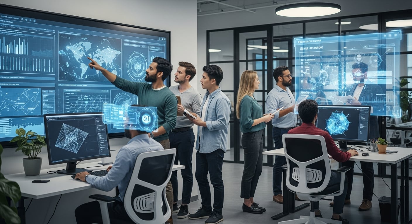 Un grupo diverso de profesionales colabora en una oficina moderna, utilizando pantallas grandes y herramientas de inteligencia artificial para analizar datos y optimizar estrategias empresariales. (Imagen Ilustrativa Infobae)