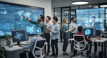 Un grupo de personas diversas en una oficina moderna, interactuando con grandes pantallas digitales que muestran datos y mapas, y con interfaces holográficas de IA.