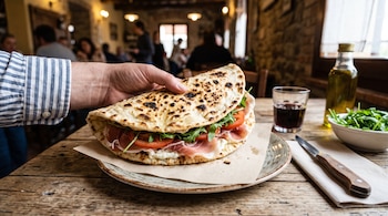 Una mano sostiene un pan plano doblado relleno de jamón, tomate, rúcula y queso sobre un plato en una mesa de madera.