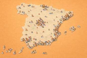 Ilustración del mapa de España sobre fondo naranja con maquetas de casas agrupadas en la zona central y en las costas e islas.