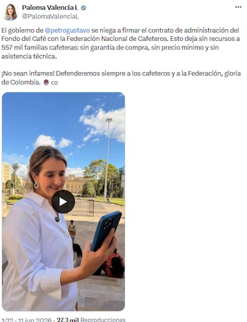 Paloma Valencia cuestionó la demora del Gobierno y exigió respaldo para la Federación de Cafeteros - crédito @PalomaValenciaL/X