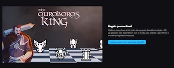 Ilustración de un hombre barbudo con armadura y espada, piezas de ajedrez estilizadas sobre un tablero, y el título The Ouroboros King. Texto sobre regalo promocional