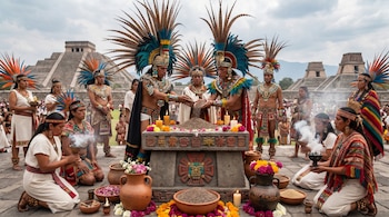 Ceremonia prehispánica. Sacerdotes mexicas con trajes tradicionales ofrecen chía en altar de piedra, rodeados de participantes y pirámides de fondo.