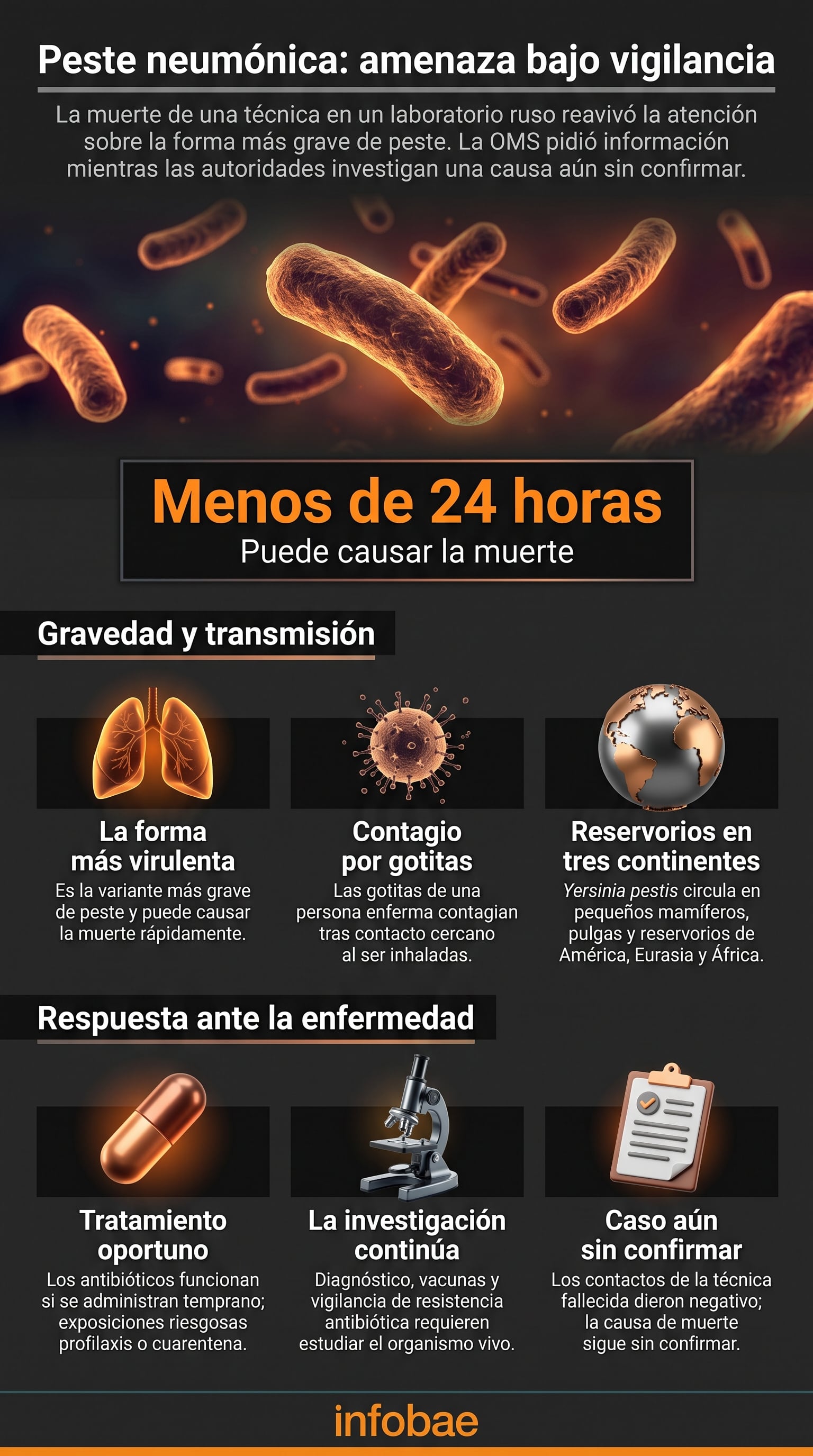 Una infografía de Infobae ilustra los aspectos principales de la peste neumónica tras la investigación de un fallecimiento en un laboratorio de Rusia (Imagen Ilustrativa Infobae)
