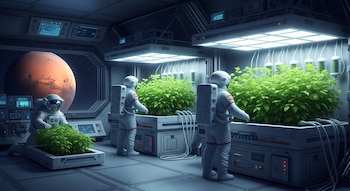 Dos astronautas con trajes espaciales dentro de un invernadero tecnológico cuidan plantas verdes. Grandes luces artificiales iluminan los cultivos y Marte se ve a lo lejos por una ventana.