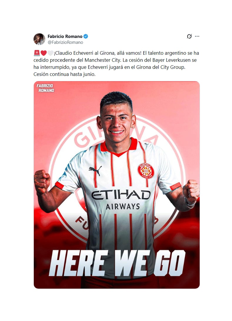 Claudio Echeverri jugará a préstamo en el Girona de España (@FabrizioRomano)