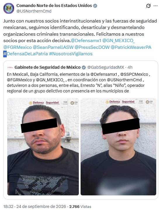Publicación del Comando Norte de EEUU en la red social X. Crédito: X - @USNorthernCmd