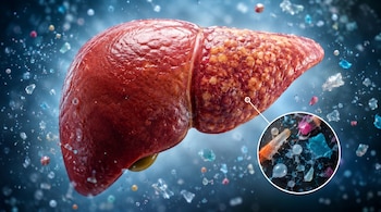 Hígado humano rojizo con superficie irregular, rodeado de partículas traslúcidas de microplástico de diversos colores. Un círculo magnifica las partículas.