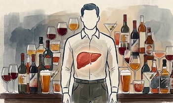 Ilustración de un hombre con el hígado resaltado, rodeado de una gran variedad de botellas y copas de vino, cerveza y licores en un ambiente de bar