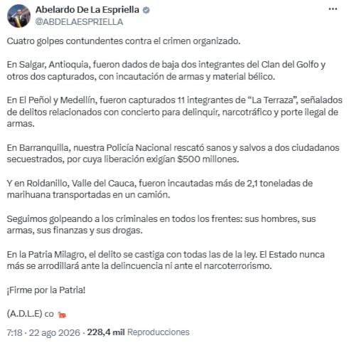 Operativo en La Virgen deja decomiso de 2.145 kilos de marihuana y golpea finanzas del narcotráfico - crédito @ABDELAESPRIELLA/X