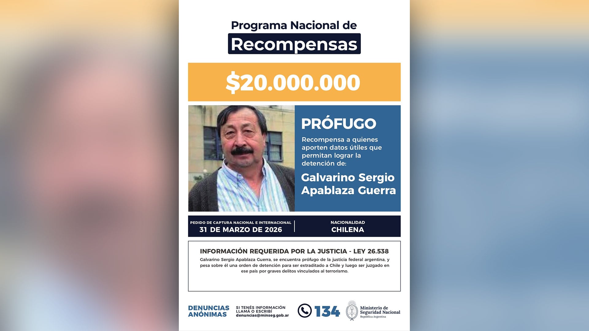 El gobierno de Javier Milei ofrece una recompensa de $20 millones por información sobre el paradero del exguerrillero chileno Galvarino Apablaza