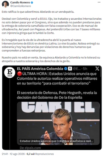 Camilo Romero acusó al gobierno de entregar soberanía con acuerdo internacional - crédito @CamiloRomero/X