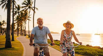 Pareja mayor sonríe y ríe en bicicletas por un sendero costero con palmeras. Al fondo, el mar con veleros y un atardecer dorado.