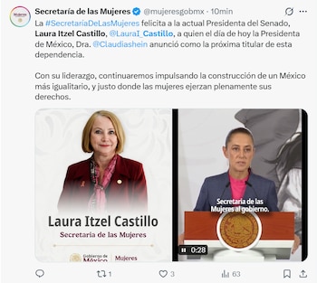 Imagen dividida: a la izquierda, Laura Itzel Castillo sonriendo en un retrato con saco rojo; a la derecha, Claudia Sheinbaum hablando en un podio con el escudo de México