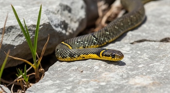 Serpiente de collar pequeña con cuerpo oscuro y franja amarilla en el cuello y vientre, sobre rocas de color gris claro con plantas verdes.