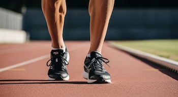 Primer plano de las pantorrillas y pies de una persona con zapatillas de running negras y blancas sobre una pista de atletismo roja.