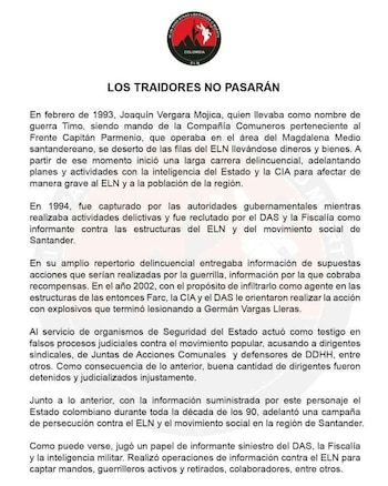 Comunicado de ELN sobre muerte