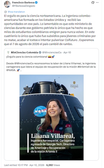 Barbosa cuestionó el pronunciamiento oficial al señalar: “El orgullo es para la ciencia norteamericana” - crédito @FBarbosaDelgado/X