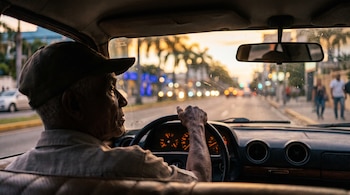 Perfil de un hombre con gorra al volante de un automóvil, con vista al parabrisas y una calle con luces al atardecer.