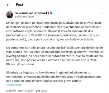 Cielo Rusinque dio su opinión con respecto a las recientes revelaciones del caso Pegasus - crédito @cielo_rusinque