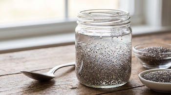Un frasco de vidrio con semillas de chía y agua, una cuchara de metal y dos tazones con semillas de chía secas en una superficie de madera.