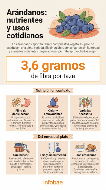 Infografía con ilustraciones de arándanos, iconos de digestión y alimentos, y recuadros explicativos con el logotipo de Infobae al pie.
