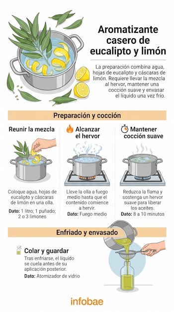 Infografía con una olla con agua, hojas de eucalipto, cáscaras de limón y cuatro pasos ilustrados para preparar un líquido aromatizante.