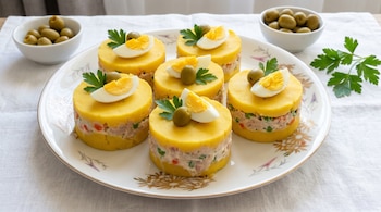 Plato blanco con seis causas rellenas de atún. Cada una decorada con huevo cocido, aceituna verde y perejil. Al fondo, dos cuencos con aceitunas verdes y perejil.