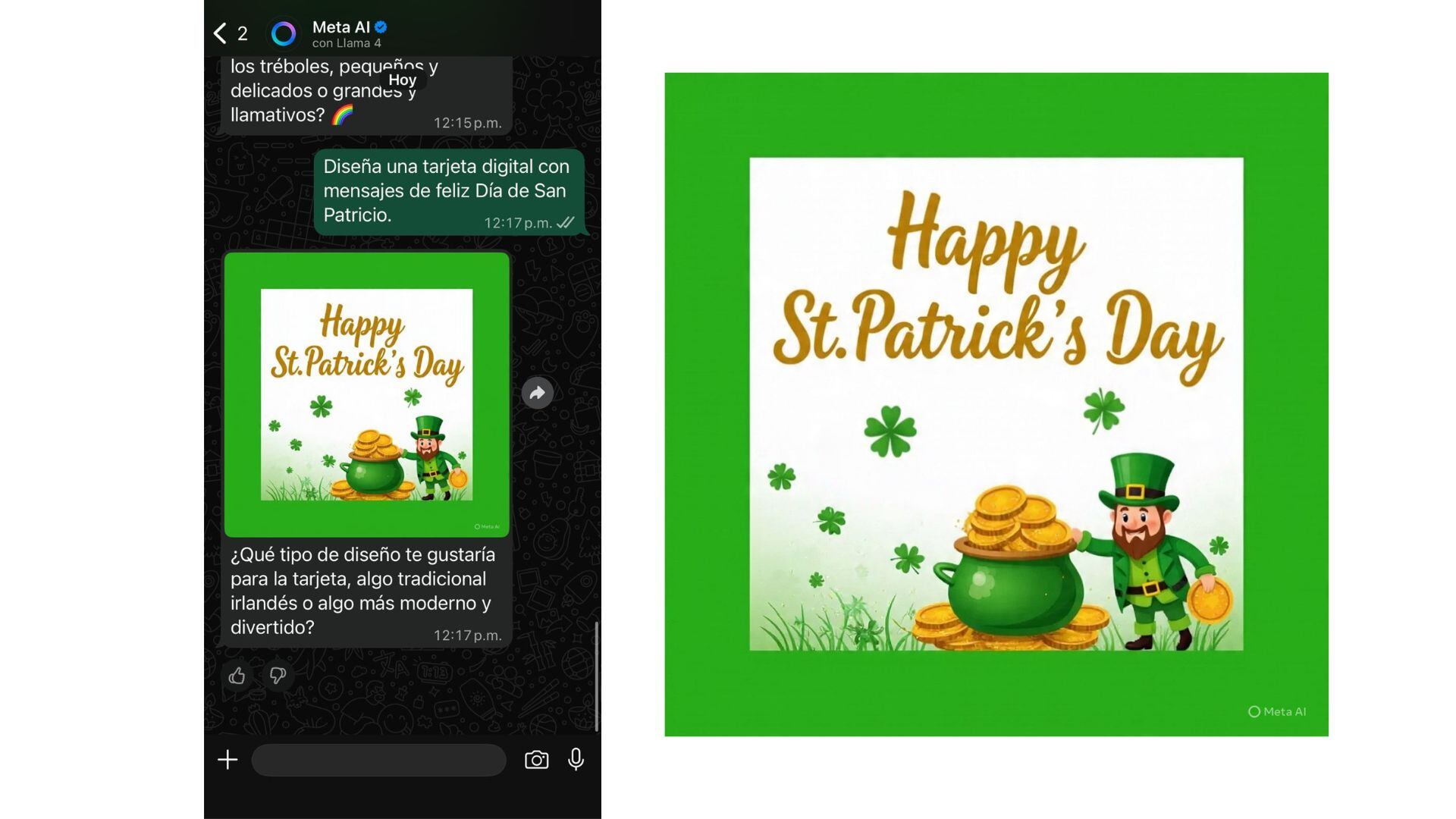 Meta AI puede generar tarjetas de felicitación para enviar a tus amigos o familiares. (WhatsApp)