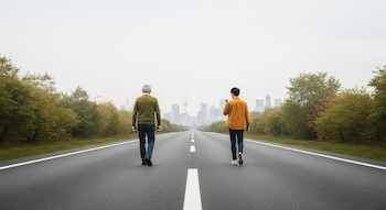 Vista trasera de dos personas, una adulta mayor y una joven, caminando por una carretera recta hacia una ciudad con rascacielos. La carretera está flanqueada por árboles, bajo un cielo gris.