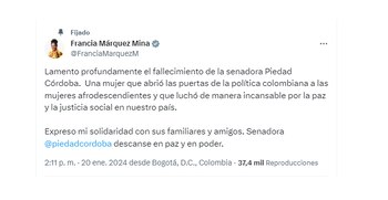 Así reaccionó el país político a la muerte de la senadora Piedad Córdoba - crédito @FranciaMarquezM/X