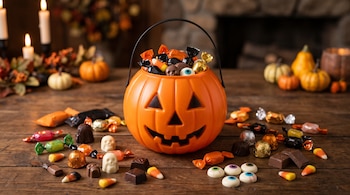 Recipiente naranja con forma de calabaza lleno de golosinas, rodeado de chocolates y caramelos sobre una mesa de madera con velas al fondo.