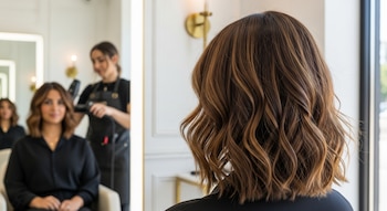 Vista trasera del cabello ondulado de una mujer en una peluquería, con reflejos color caramelo. Reflejo de la mujer y una estilista.