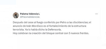 Disidencias aprovechan el cese al fuego suspendido para fortalecerse, señaló la senadora Paloma Valencia - @PalomaValenciaL/X