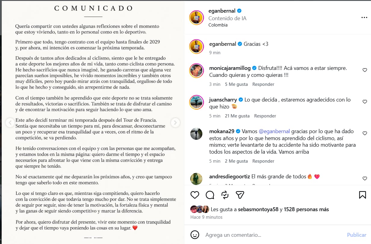 Comunicado de Egan Bernal sobre su futuro en el ciclismo profesional - crédito Egan Bernal