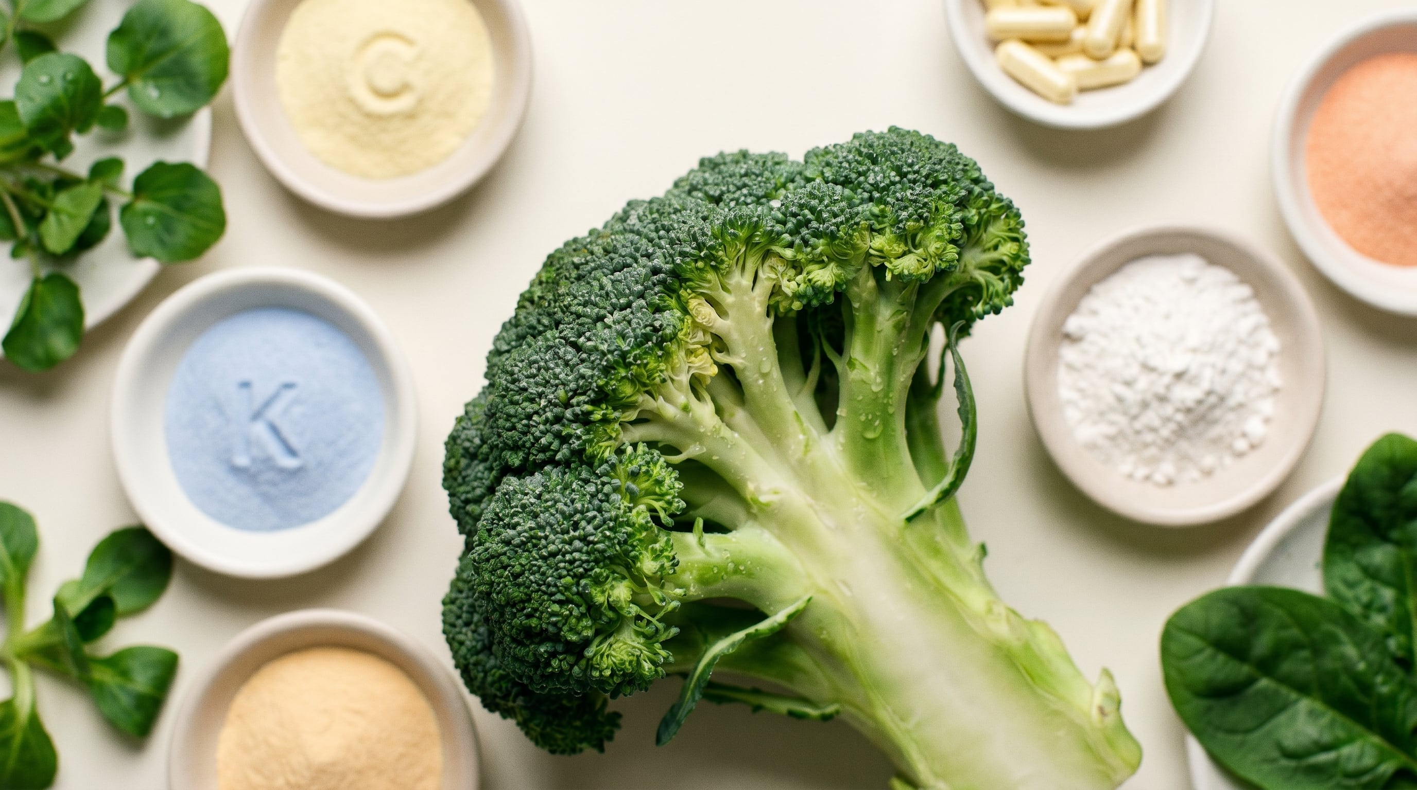 Una cabeza de brócoli fresco y húmedo, rodeada de suplementos en polvo de vitaminas C y K, calcio y vegetales verdes, ilustra la importancia de los nutrientes para la salud. (Imagen Ilustrativa Infobae)