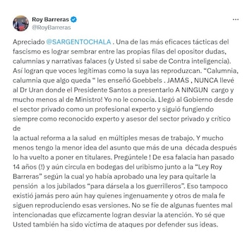Con esta publicación, el embajador Roy Barreras respondió al sargento (r) Chalá, sobre supuestos vínculos con Mario Andrés Urán - crédito @RoyBarreras/X