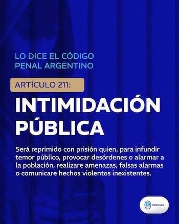 Un texto blanco sobre un fondo azul oscuro que describe el Artículo 211 del Código Penal Argentino, referente a la Intimidación Pública