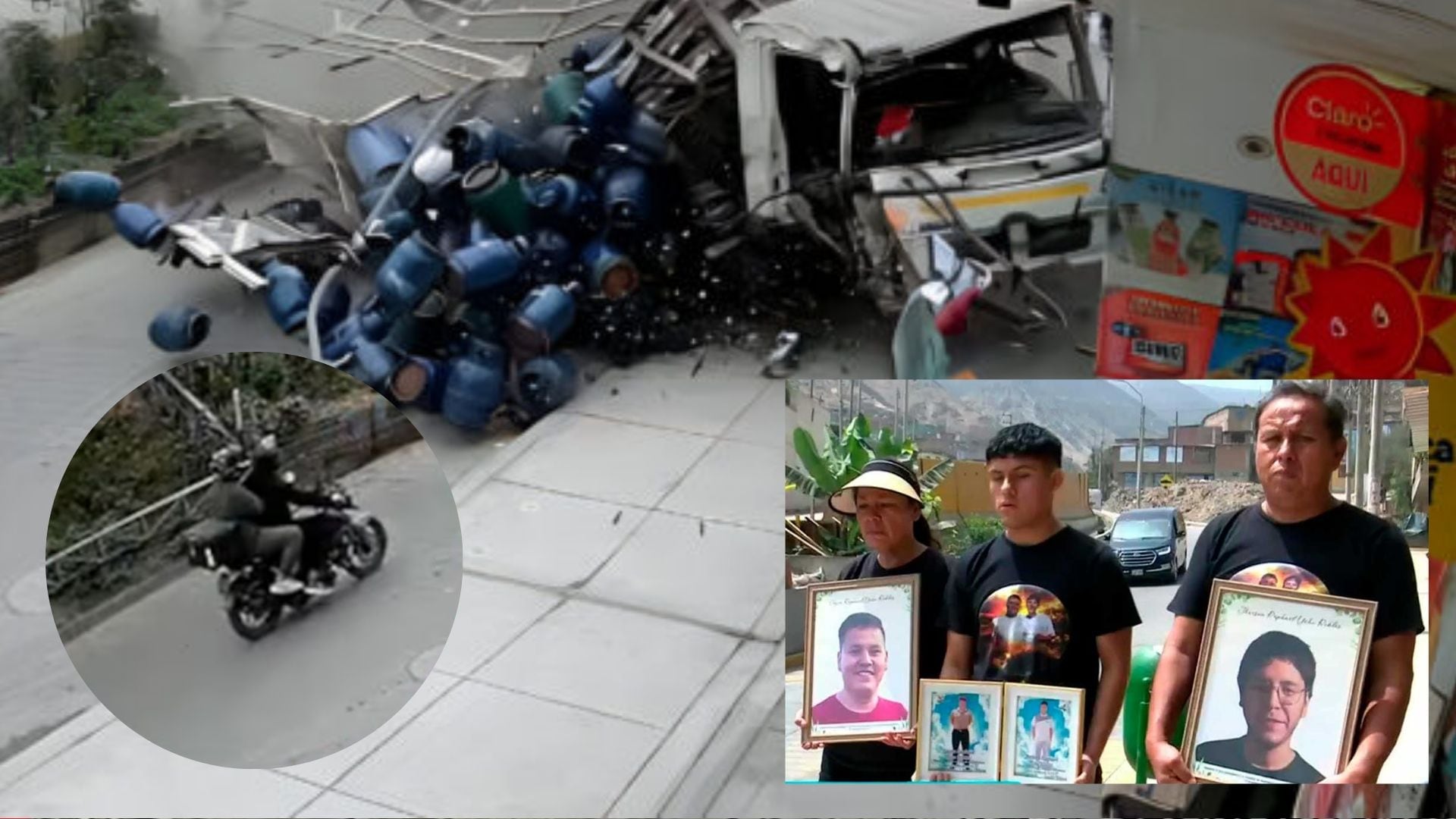 Familiares de las víctimas del accidente en Pasamayito sostienen retratos de los fallecidos para exigir justicia a un año del siniestro. (Infobae Perú)