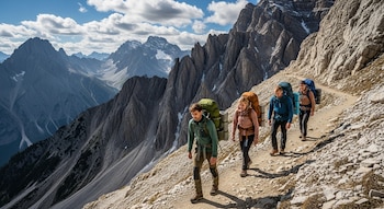 Cuatro excursionistas con grandes mochilas caminan por un sendero rocoso de montaña, con picos escarpados y un cielo azul con nubes blancas al fondo.