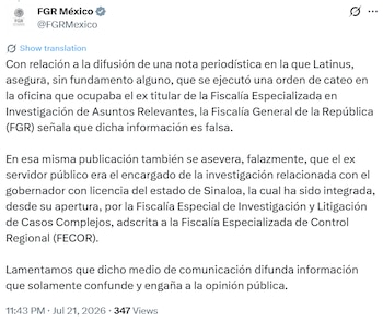 Mensaje de la FGR en comentario de cuentas que replicaban la información mediante la red social X. Crédito: X - FGR